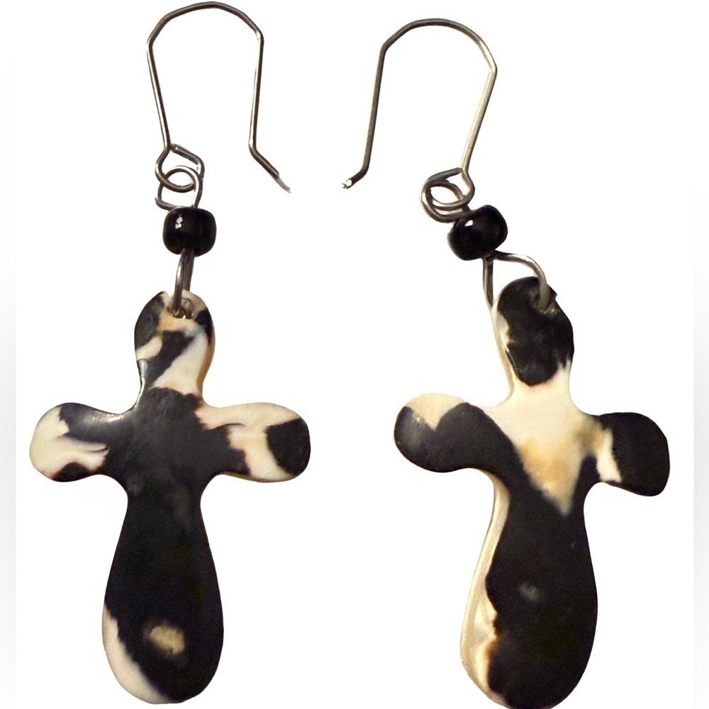 Cross Cow Print Earrings Dangle Women Black White Jewelry